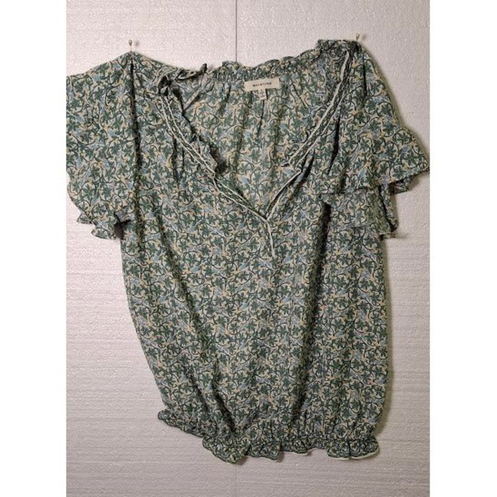 Max Studio Green Floral Flutter Sleeve Bubble Hem Blouse V-Neck 1705D71 Small
